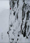 [Simon Frost belaying Dave Garry up the first pitch of Erazerhead, Clogwyn Du, during the first ascent., 3 kb]