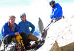 [Tom Ripley, Hamish Dunn and Luke Hunt atop the Petit Dru after a one day ascent of its' North Face., 3 kb]