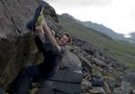 Jack Geldard on The Big Smile (7C+) in the Llanberis Pass, testing the Grit Pants., 3 kb
