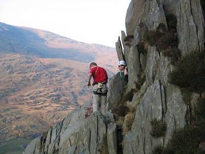 ali and nils on a belay ledge above the valley  © Nils