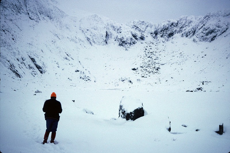 Cwm Idwal plastered in snow in 1975