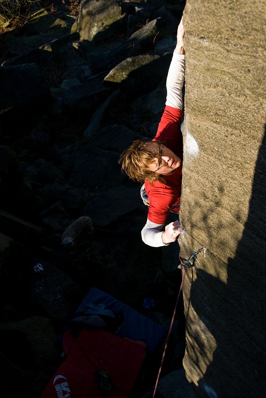 Ben Bransby making the second ground-up ascent (5th overall ascent) of The Promise at Burbage North  © Alan James
