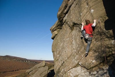 Ben Bransby making the second ground-up ascent (5th overall ascent) of The Promise (E7) at Burbage North  © Alan James