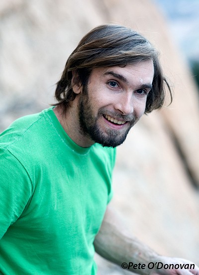 Chris Sharma, seemingly quite happy after his on-sight ascent of Paper Mullat (8b+/8c). The beard came off that night!  © Pete O'Donovan
