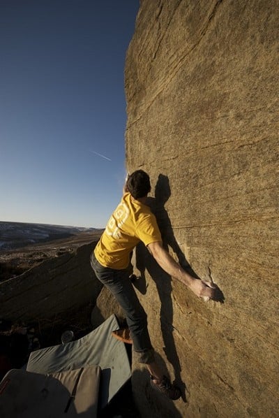 Jordan Buys attempts Lay-by Arete on an amazing December day  © Kevin Avery - UKC