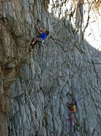 Nico (climbing) and Sean on The Mad Brown, Gogarth  © Adam Wainwright