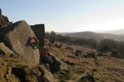 David Noddings and his shadow on Crescent Arete at Stanage