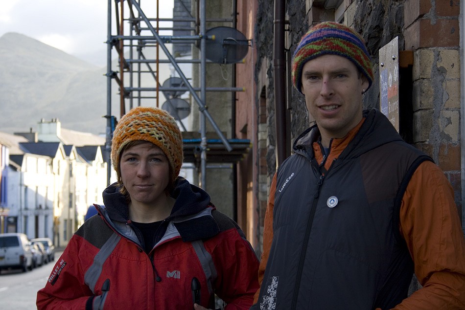 Owen Samuel and Rocio Siemens on the Llanberis high street  © Jack Geldard - Editor - UKC