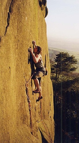 Andi Turner preparing to dyno on Against The Grain (E6 7a), Roaches Lower Tier