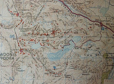 The red dots mark recent incident sites on Snowdon - Crib Goch is a 'hot spot'  © Mark Reeves