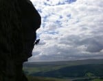 The steep pull up  ‘Great Buttress’, E1 5b, Dovestone Tor, Derwent Edge.