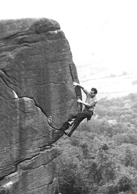 Graham Hoey climbing Strapadictomy (E5) on-sight in 1981  © John Codling