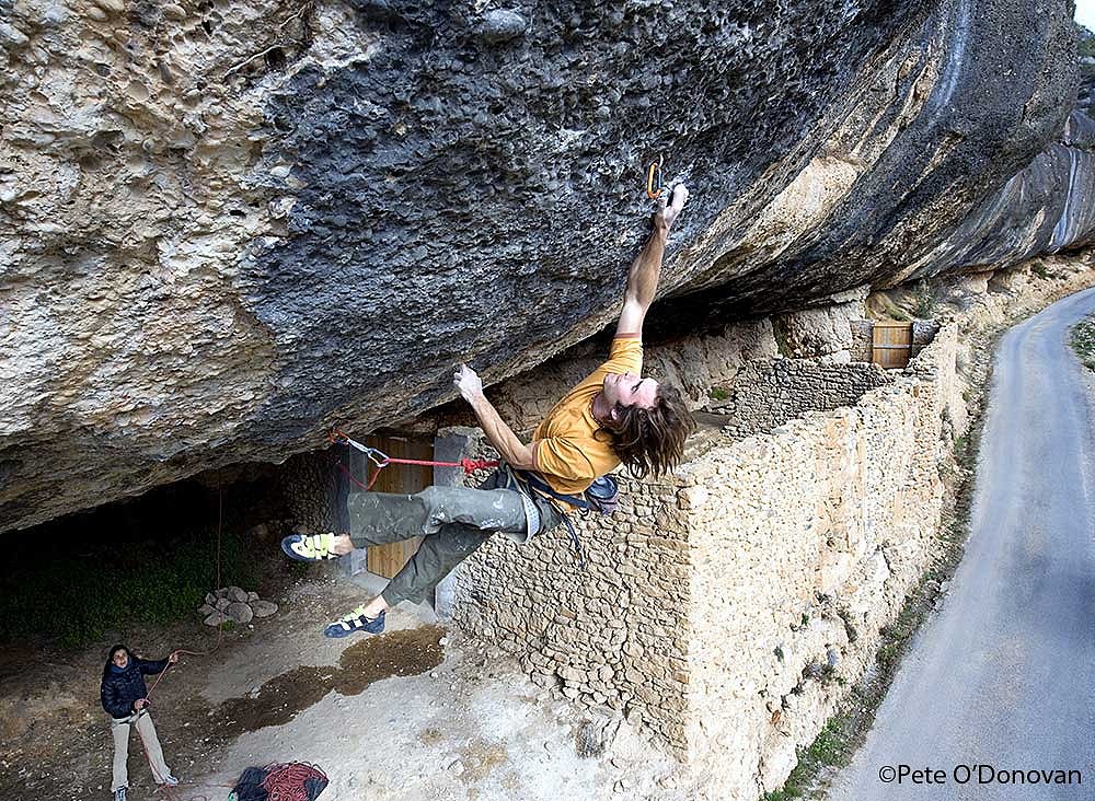 Chris Sharma on the first ascent of Demencia Senil 9a+ at Margalef, Cataluyna, Spain  © Pete O'Donovan