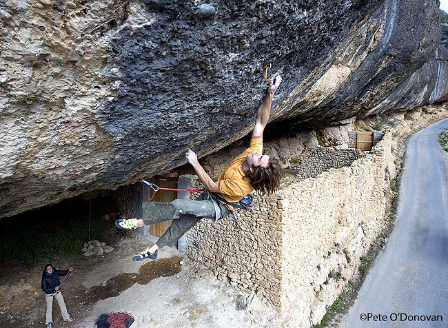 Chris Sharma on the first ascent of Demencia Senil 9a+ at Margalef, Cataluyna, Spain  © Pete O'Donovan