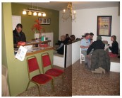 The communal area at the Olive Branch, El Chorro. With free internet access. Goi Ashmore uploads routes  to his UKC logbook.