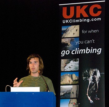 Chris Sharma lecturing in the UK  © Alan James