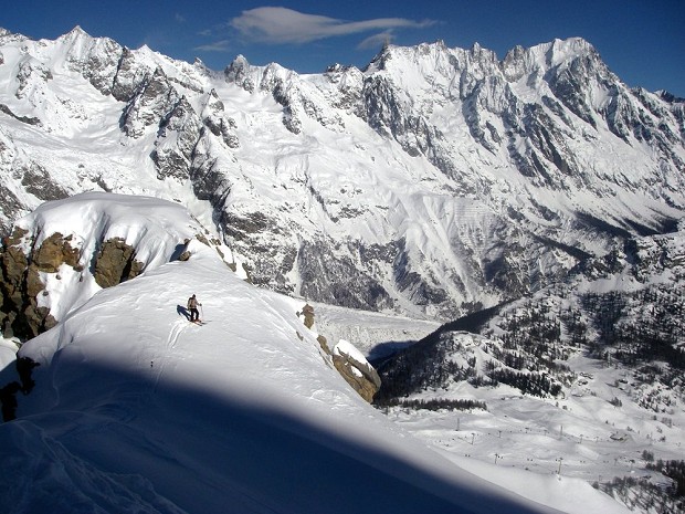 High above the Courmayeur ski lifts. South face of Grand Jorasses, Helbronner, Tour Ronde in background.  © si cooke