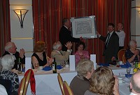 The Hon. President Smiler Cuthbertson presents John Willson with an original Phil Gibson drawing of GO Wall, Wintours Leap.  © Mick Ryan - UKClimbing.com