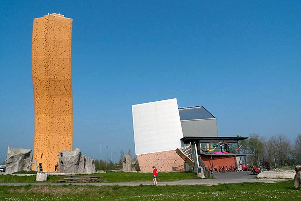 The Bjoeks climbing centre. On the left is the Excalibur Tower with several free-standing boulders dotted around it. The building on the right is all the main indoor climbing hall  © Alan James