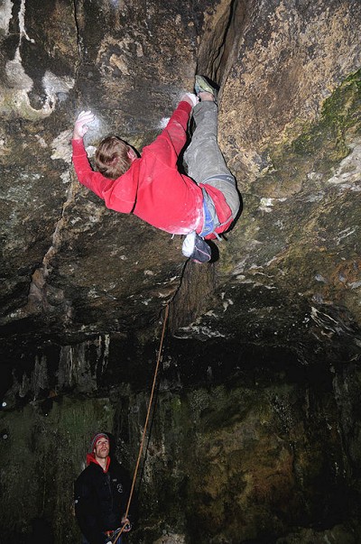 Pete Whittaker making the first ascent of Gobbler's Roof  © Ian Smith