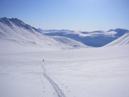 Ski-ing up the glacier towards Sarekjakka, Sarek National Park in Arctic Sweden