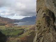 Ralph belaying from top of pitch 4 Troutdale Pinnacle (Severe), Black Crag, Borrowdale