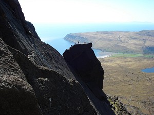 Looking across to climbers on the Cioch from Shangri La  © Fi Chappell