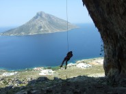 Peter Stollery, DNA, Grande Grotta Kalymnos
Exhausted after completing the climb. The island Telendos in the background.