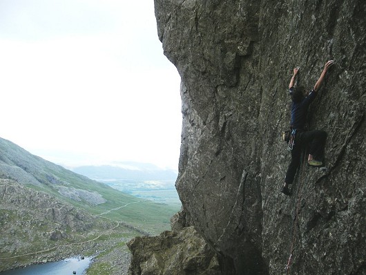 Franco on the crimpy central section of 'The Shining Path' - E5 6b*** - Dow Crag  © Dave Warburton