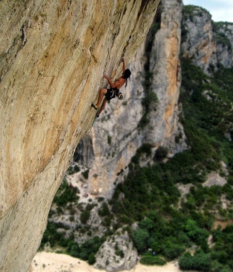High above the gorge on the stunning Les Chacals (F8b) - Sector Barrio de los Gitanos, Rodellar  © ali k