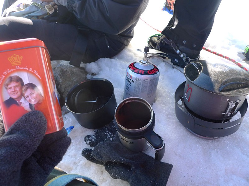 I needed a cuppa on the summit and wanted to test my Primus EtaPackLite Stove at altitude. If you are wondering what the container on the left is. It is commemorative tin box (used to contain chocolate orange sprinkles) to celebrate the marriage of the heir apparent to the Dutch throne Prince Willem-Alexander and his wife Princess Máxima. I store my coffee in it.  © Mick Ryan - UKClimbing.com