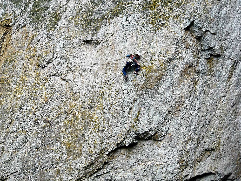 George Ullrich about to commit to the run-out crux section of The Bells The Bells, Gogarth  © Giles (George's Housemate!)