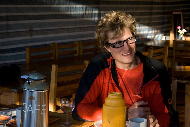 Dave Pickford - Climber, adventurer, photographer, journalist and poet, breakfasting in Madagascar.  © Jack Geldard