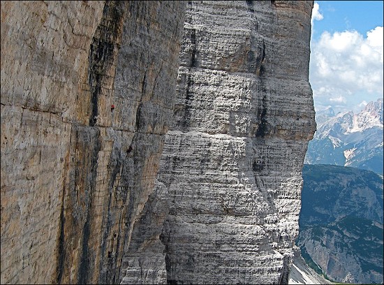 James Rushforth leading pitch 6 of the Comici Route, Tre Cima. As seen from the Brandler Hasse.  © Rich Kirby