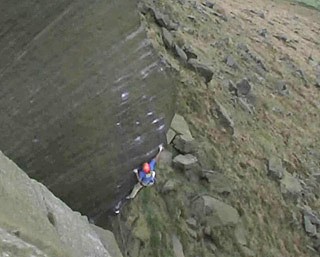 Miles Gibson on the first ascent of Dangermouse at Wimberry