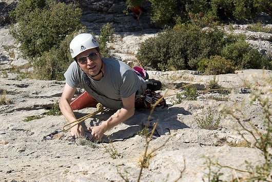 Chris nearing the end o the 40m first pitch of La Tournyaire, St Julian  © andybenham