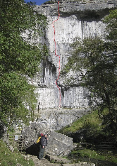Steve Crowe's 70m pitch that climbs that whole length of Malham Cove, named Central Wall (aka Totally Free II), 8b.  © Steve Crowe