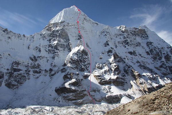 Chang Himal North Face showing the  Houseman/Bullock line with bivy spots marked  © Andy Houseman