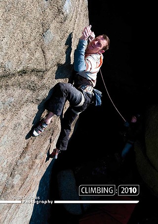 Jack Geldard, cover star, on Keith Sharples' 2010 Calendar. The route is the Promise at Burbage.