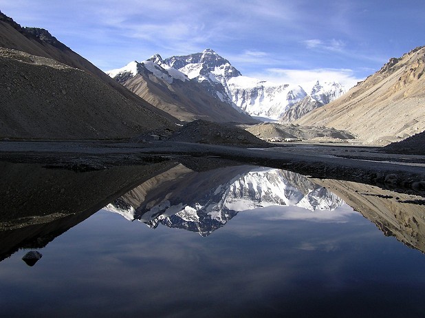 Everest North Face reflected in the lake below base camp.   © S. A. Stanier