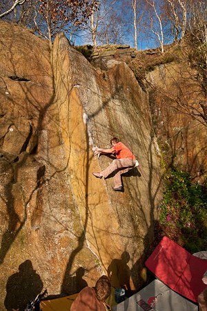 Ryan Pasquill climbing That's My Lot at Rivelin.  © Adam Long