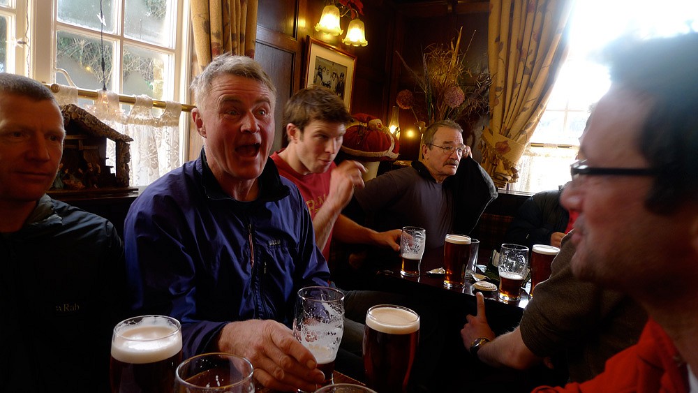 Dick Turnbull in the Scotsmans Pack Inn for carols and beer. Greg Rimmer to his left, James Turnbu, John Jones and Chris Riley.  © Mick Ryan