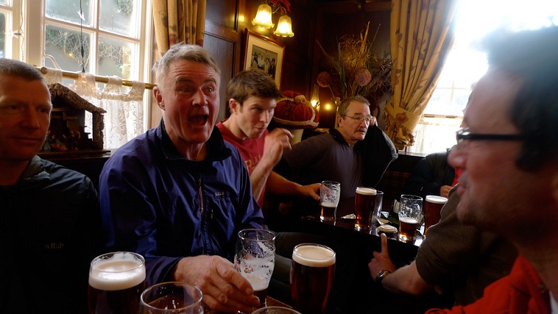 Dick Turnbull in the Scotsmans Pack Inn for carols and beer. Greg Rimmer to his left, James Turnbull, John Jones and Chris Riley  © Mick Ryan