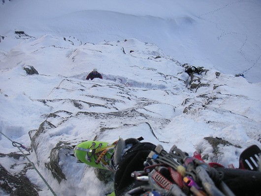Looking down the first 3 pitches of Bowfell Buttress, Langdale. 3/Jan/2010.  © DSM