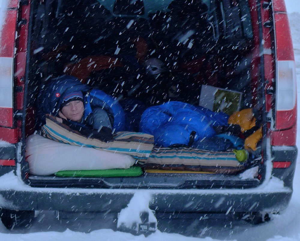 Kevin Avery snug and warm in his Pinnacle bag, sleeping in the van in the Cairngorm. Temps were -5 to -15 C  © Kevin Avery