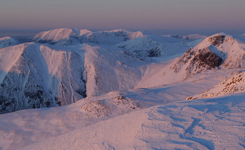 Last light on Great Gable and Kirk Fell from Scafell.  © Henry Iddon