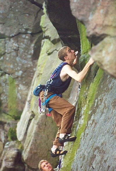 Andrew Reeve approaching The Sloth (HVS 5b), Roaches Upper Tier  © Michael Booth
