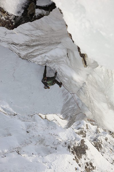 Dave Birkett on the new winter route on Scafell East Buttress  © Ed Luke