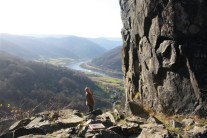 Climbing at Vrabinec in the Czech Republic. The Labe is in the background.