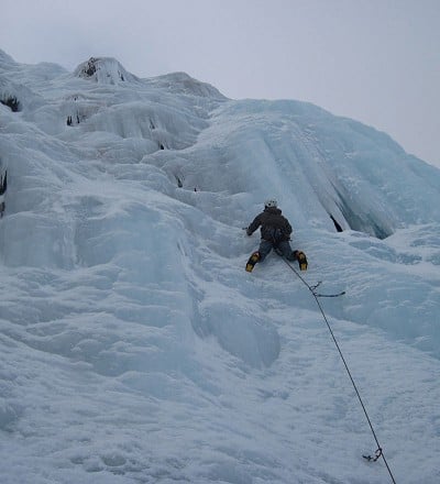 Rob Jarvis on one of the many lines available on the wide wall of ice on the first pitch of 'Last Post', Creag Meagaidh.  © Rob Jarvis
